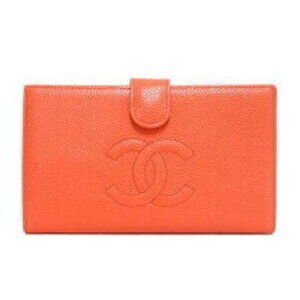 CHANEL Caviar Leather Bi fold Wallet Clasp Orange Coco Mark